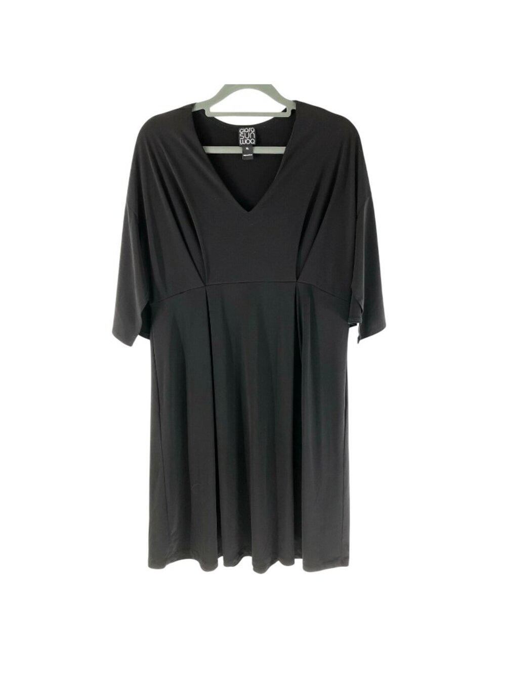 Clara Sun Woo Dress A Line Pleated V Neck Flutter Sleeve Stretch Black Size XL